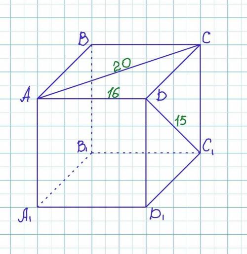 Задан прямоугольный параллелепипед ABCDA1B1C1D1, в котором AC = 20, AD = 16, C1D = 15. Найдите объём