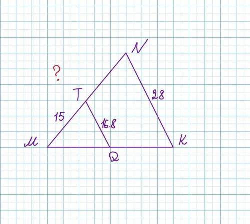 В треугольнике ﻿MNK MNK﻿ провели прямую, параллельную стороне ﻿NK NK﻿ так, что она пересекает сторон