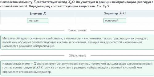 Металлы и неметаллы Неизвестно элементу X соответствует оксид X2O. Он участвует в реакции нейтрализа