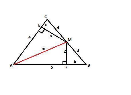 две стороны треугольника равны 4 и 5 расстояние от середины третьей его стороны до большей из них ра