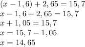 (x-1,6 ) + 2,65 = 15,7\\x-1,6+2,65=15,7\\x+1,05=15,7\\x=15,7-1,05\\x=14,65