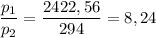 \displaystyle \frac{p_1}{p_2} =\frac{2422,56}{294} =8,24