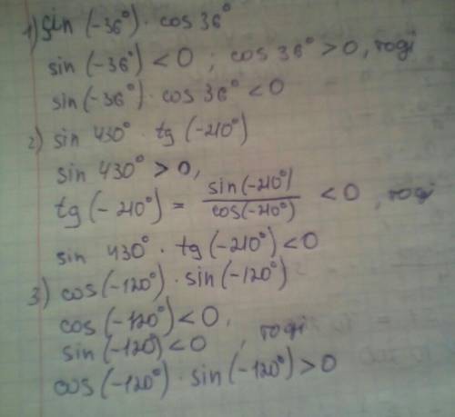 Визначити знак добутку sin (-36°) × cos 36° sin 430° × tg (-210°) cos (-120°) × sin (-120°)