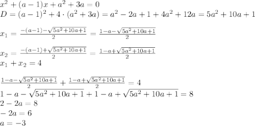 x^2+(a-1)x+a^2+3a=0\\D=(a-1)^2+4\cdot(a^2+3a)=a^2-2a+1+4a^2+12a=5a^2+10a+1\\\\x_1=\frac{-(a-1)-\sqrt{5a^2+10a+1}}2=\frac{1-a-\sqrt{5a^2+10a+1}}2\\\\x_2=\frac{-(a-1)+\sqrt{5a^2+10a+1}}2=\frac{1-a+\sqrt{5a^2+10a+1}}2\\x_1+x_2=4\\\\\frac{1-a-\sqrt{5a^2+10a+1}}2+\frac{1-a+\sqrt{5a^2+10a+1}}2=4\\1-a-\sqrt{5a^2+10a+1}+1-a+\sqrt{5a^2+10a+1}=8\\2-2a=8\\-2a=6\\a=-3