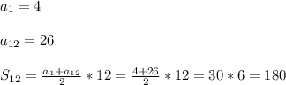 a_{1}=4\\\\a_{12}=26\\\\S_{12} =\frac{a_{1}+a_{12}}{2}*12=\frac{4+26}{2}*12=30*6=180