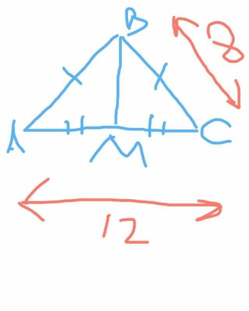 Урівнобедриному трикутнику бічна сторона дорівнює 8см а основа 12.знайти довжину медіани трикутника 