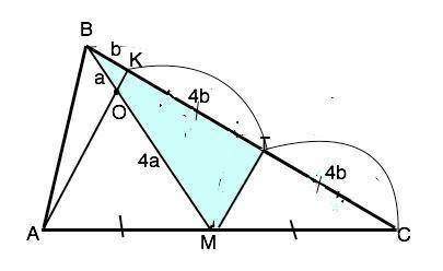 Прямая, проходящая через вершину а треугольника авс и делящая медиану вм в отношении1: 4, считая от 