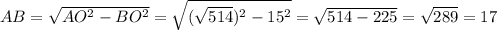 AB=\sqrt{AO^{2}-BO^{2}}=\sqrt{(\sqrt{514} )^{2}-15^{2}}}=\sqrt{514-225}=\sqrt{289}=17