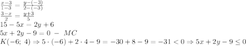 \frac{x-3}{1-3}=\frac{y-(-3)}{2-(-3)}\\\frac{3-x}2=\frac{y+3}5\\15-5x=2y+6\\5x+2y-9=0\;-\;MC\\K(-6;\;4)\Rightarrow5\cdot(-6)+2\cdot4-9=-30+8-9=-31<0\Rightarrow5x+2y-9\leq0
