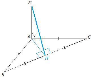 Отрезок ам перпендикулярен плоскости треугольника авс и имеет длину 10 корень из 2 см. найдите расст