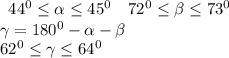\begin{array}{cc}44^0\leq\alpha\leq45^0&72^0\leq\beta\leq73^0\end{array}\\\gamma=180^0-\alpha-\beta\\62^0\leq\gamma\leq64^0