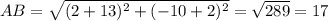 AB=\sqrt{(2+13)^2+(-10+2)^2}=\sqrt{289} =17