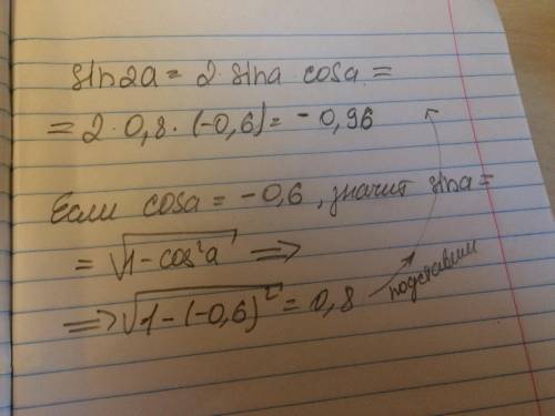 Решить найти sin2a если cosa = -0.6; π