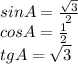 sin A = \frac{\sqrt{3} }{2} \\cos A=\frac{1}{2}\\tg A= \sqrt{3}