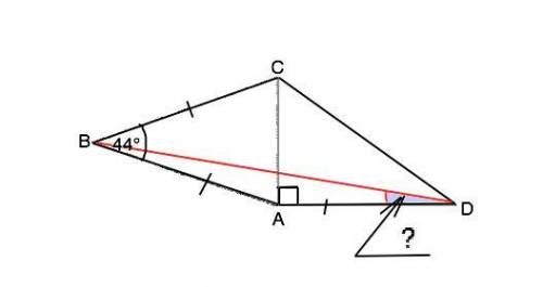 Вчетырехугольнике abcd стороны ab,bc и ad равны. найдите угол bda, если известно, что abc=44 градусо