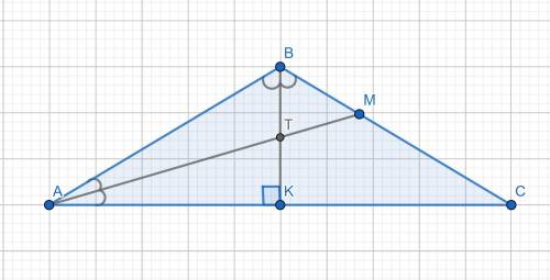 Вравнобедренном треугольнике abc с основанием ac и углом b, равным 132°, биссектрисы ам и bk пересек
