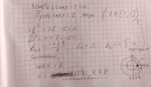 Решить уравнение: 3cos²x+2cosx-5=0