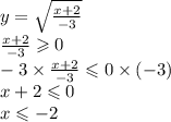 y = \sqrt{ \frac{x + 2}{ - 3} } \\ \frac{x + 2}{ - 3} \geqslant 0 \\ - 3 \times \frac{x + 2}{ - 3} \leqslant 0 \times ( - 3)\\ x + 2 \leqslant 0 \\ x \leqslant - 2