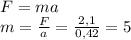 F=ma\\m=\frac{F}{a}=\frac{2,1}{0,42}=5