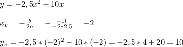 y=-2,5x^{2}-10x\\\\x_{v}=-\frac{b}{2a} =-\frac{-10}{-2*2,5}=-2\\\\y_{v}=-2,5*(-2)^{2}-10*(-2)=-2,5*4+20=10