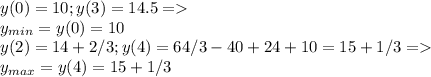 y(0)=10;y(3)=14.5=\\y_{min}=y(0)=10\\y(2)=14+2/3;y(4)=64/3-40+24+10=15+1/3=\\y_{max}=y(4)=15+1/3