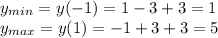 y_{min}=y(-1)=1-3+3=1\\y_{max}=y(1)=-1+3+3=5