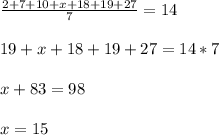 \frac{2+7+10+x+18+19+27}{7}=14\\ \\ 19+x+18+19+27=14*7\\ \\ x+83=98\\ \\ x=15