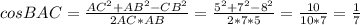 cosBAC=\frac{AC^2+AB^2-CB^2}{2AC*AB}=\frac{5^2+7^2-8^2}{2*7*5}=\frac{10}{10*7}=\frac{1}{7}
