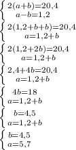 \left \{ {{2(a+b)=20,4} \atop {a-b=1,2}} \right. \\\left \{ {{2(1,2+b+b)=20,4} \atop {a=1,2+b}} \right. \\\left \{ {{2(1,2+2b)=20,4} \atop {a=1,2+b}} \right. \\\left \{ {{2,4+4b = 20,4} \atop {a=1,2+b}} \right. \\\left \{ {{4b=18} \atop {a=1,2+b}} \right. \\\left \{ {{b=4,5} \atop {a=1,2+b}} \right.\\\left \{ {{b=4,5} \atop {a=5,7}} \right.