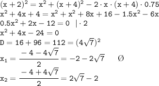 \tt (x+2)^2=x^2+(x+4)^2-2\cdot x\cdot(x+4)\cdot0.75\\ x^2+4x+4=x^2+x^2+8x+16-1.5x^2-6x\\0.5x^2+2x-12=0 \ \ |\cdot2\\x^2+4x-24=0\\D=16+96=112=(4\sqrt{7})^2\\x_1=\cfrac{-4-4\sqrt{7} }{2}=-2-2\sqrt{7} \ \ \ \ \ \O\\ x_2=\cfrac{-4+4\sqrt{7} }{2}=2\sqrt{7}-2