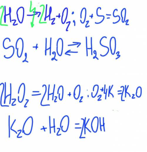 Осуществите следующие превращения: 1)h2o-> o2-> so2-> h2so3; 2)h2o2-> o2-> k2o-> k