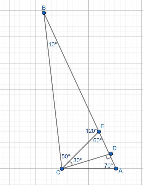 Два угла треугольника равны 10∘ и 70∘ соответственно. найдите величину угла между высотой и биссектр