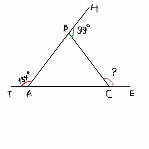 Внешние углы при вершинах a и b треугольника abc равны 134∘ и 99∘ соответственно. чему равна величин