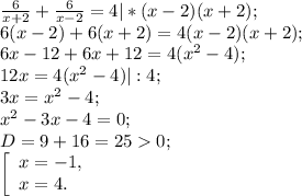 \frac{6}{x+2} +\frac{6}{x-2} =4 |* (x-2)(x+2);\\6(x-2)+6(x+2) =4(x-2)(x+2) ;\\6x-12+6x+12=4(x^{2} -4);\\12x=4(x^{2} -4)|:4;\\3x=x^{2} -4;\\x^{2} -3x-4=0;\\D= 9+16=250 ;\\\left [ \begin{array}{lcl} {{x=-1,} \\ {x=4.}} \end{array} \right.