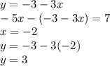 y = - 3 - 3x \\ - 5x - ( - 3 - 3x) = 7 \\ x = - 2 \\ y = - 3 - 3( - 2) \\ y = 3