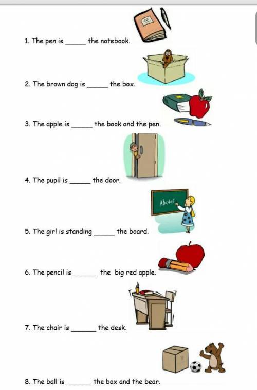 1. The pen is _____ the notebook. 2. The brown dog is _____ the box. 3. The apple is _____ the book