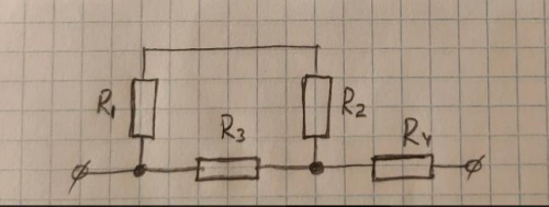 Користуючись малюнком визначити загальний опір кола та розподіл сил струмів та напруг, якщо R1 =3 Ом