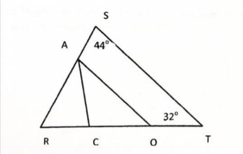 На рисунке отрезок АО параллелен стороне ST треугольника RST, луч АС является биссектрисой угла АОВ.