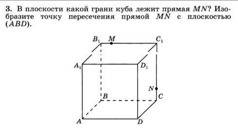 В плоскости какой грани куба лежит прямая MN? Изобразите точку пересечения прямой MN с плоскостью AB