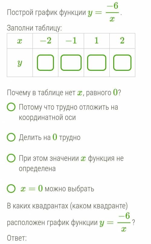 Построй график функции y=−6/x.Заполни таблицу ЭТО