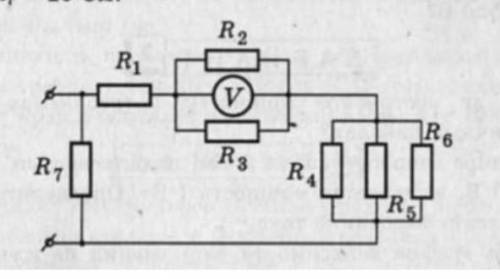 Найдите распределение сил токов и напряжений в цепи, изображенной на рисунке, если вольметр показыва
