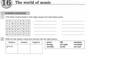 Задание 1- найти и записать 7 музыкальных стилей, задание 2-распределить прилагательные по соответст