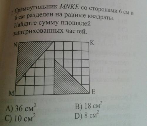 Прямоугольник MNKE со сторонами 6 см и 8 см разделен на равные квадраты.Найдите сумму площадей заштр