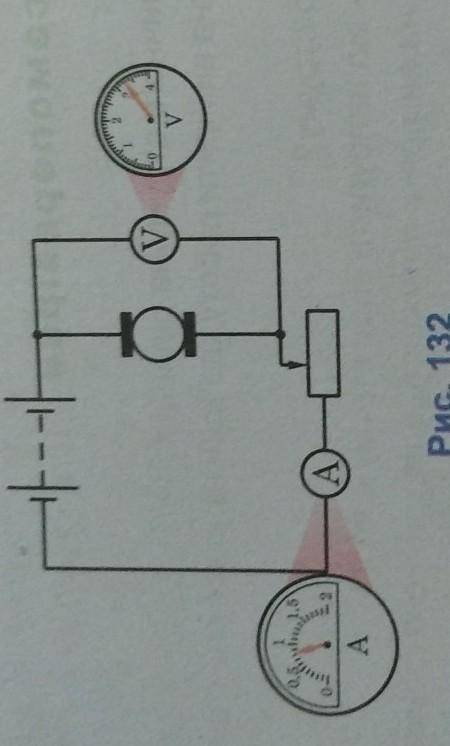 Розрахуйте потужність струму в електродвигуні, використовуючи покази приладів зображена на рисунку