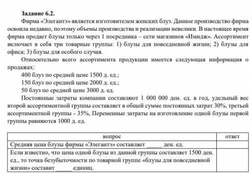 Задание 6.2. Фирма «Элегантэ» является изготовителем женских блуз. Данное производство фирма освоил