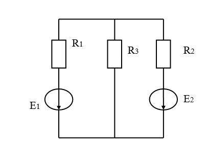 Определить токи в ветвях электрической цепи, если: E1=30 B, E2=20 B, R1=3 Ом, R2=2 Ом, R3=6 Ом. (ме