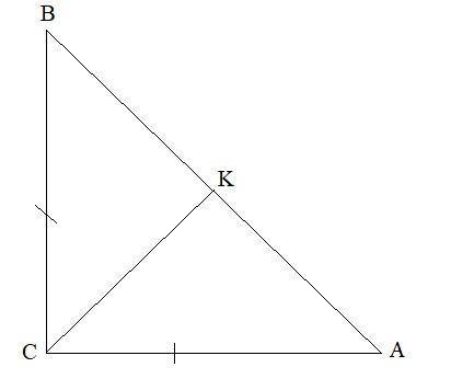 В равнобедренном прямоугольном треугольнике ABC с прямым углом C медиана CK=4. Найди длину катета A