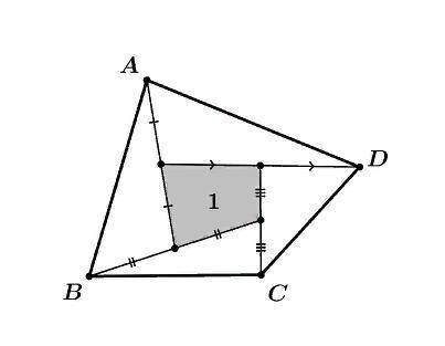 Площадь серого четырёхугольника равна 1. Чему равна площадь четырёхугольника ABCD?