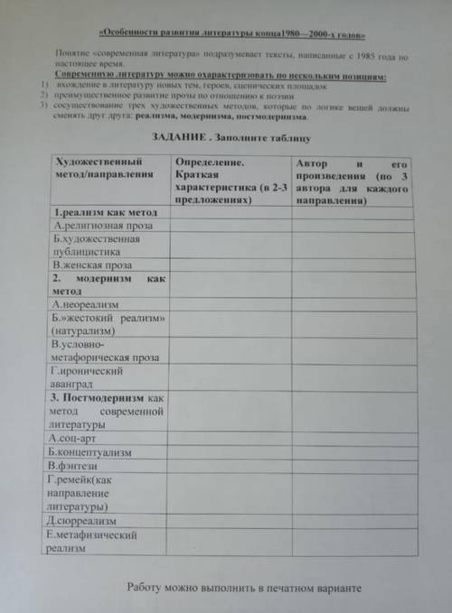 Заполнить таблицу по литературена тему: «Особенности развития литературы конца 1980-2000х годов»