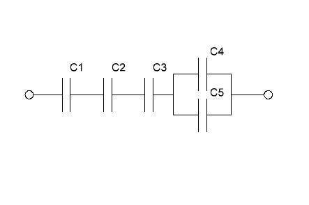Задача: Определить общую ёмкость конденсаторов, если C1=30 пФ, С2=80 пФ, С3=200 пФ, С4=10 мкФ, С5=2